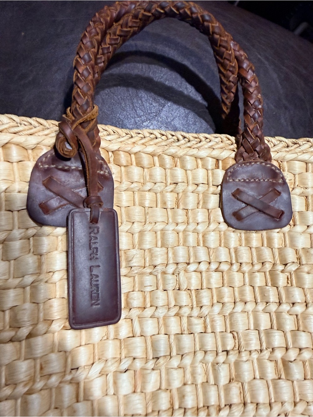 Vintage Ralph Lauren woven raffia tote with braided brown leather handles. - Picture 6 of 7